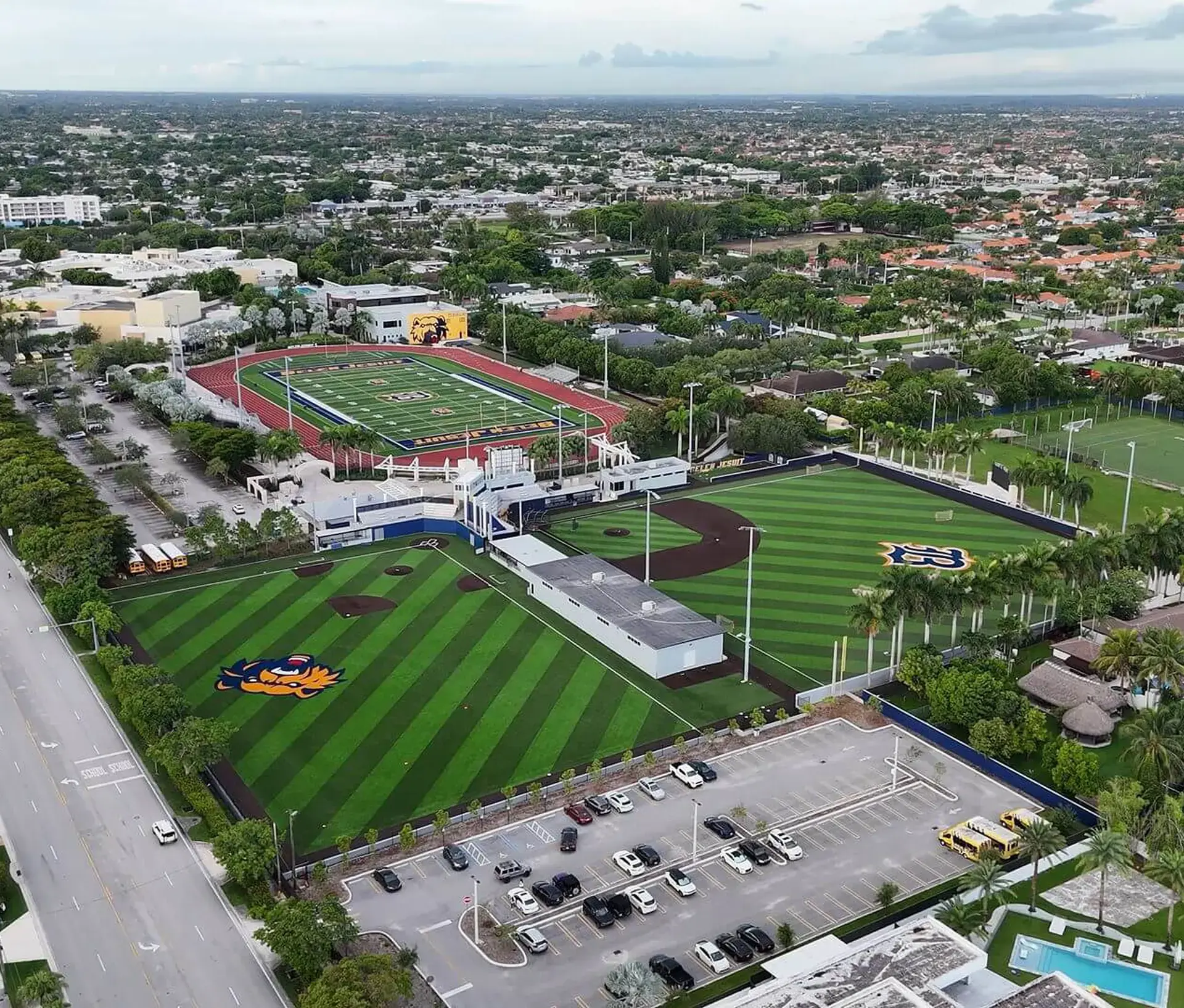 This drone view of the sprawling Belen Jesuit 34-acre campus shows our football, practice and baseball turf fields.