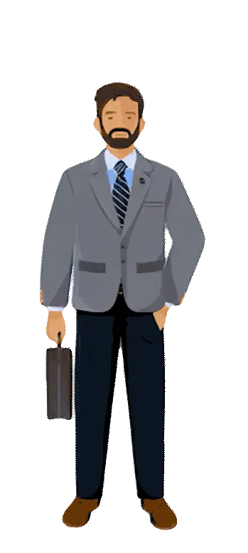 Animated Belen Jesuit Alumni character wearing a suit and carrying a briefcase.