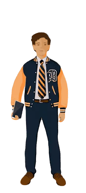 Animated Belen Jesuit character wearing Wolverines jersey.