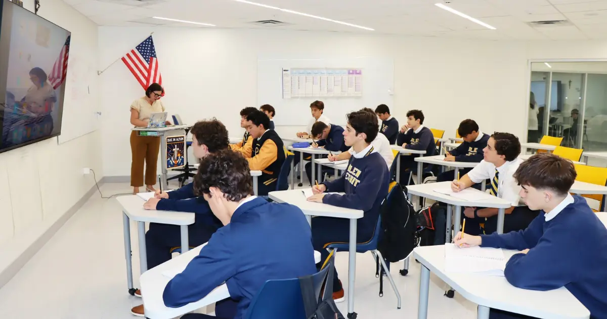 Students in a classroom in the new Jessica & Carlos Bonzon Wing.