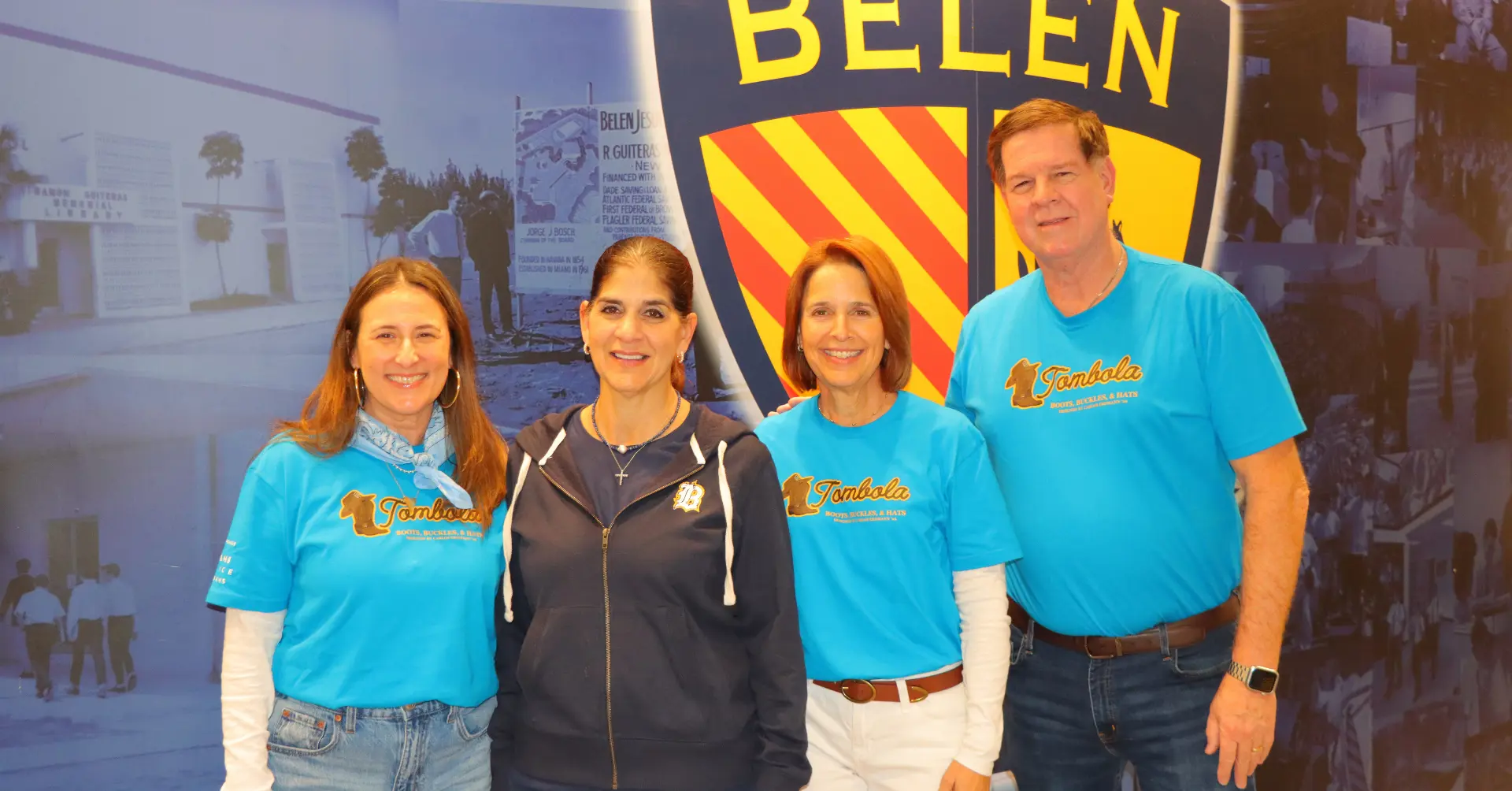 Members of the Belen Jesuit administration pose for a picture wearing the 2026 student-designed Tombola T-shirt.