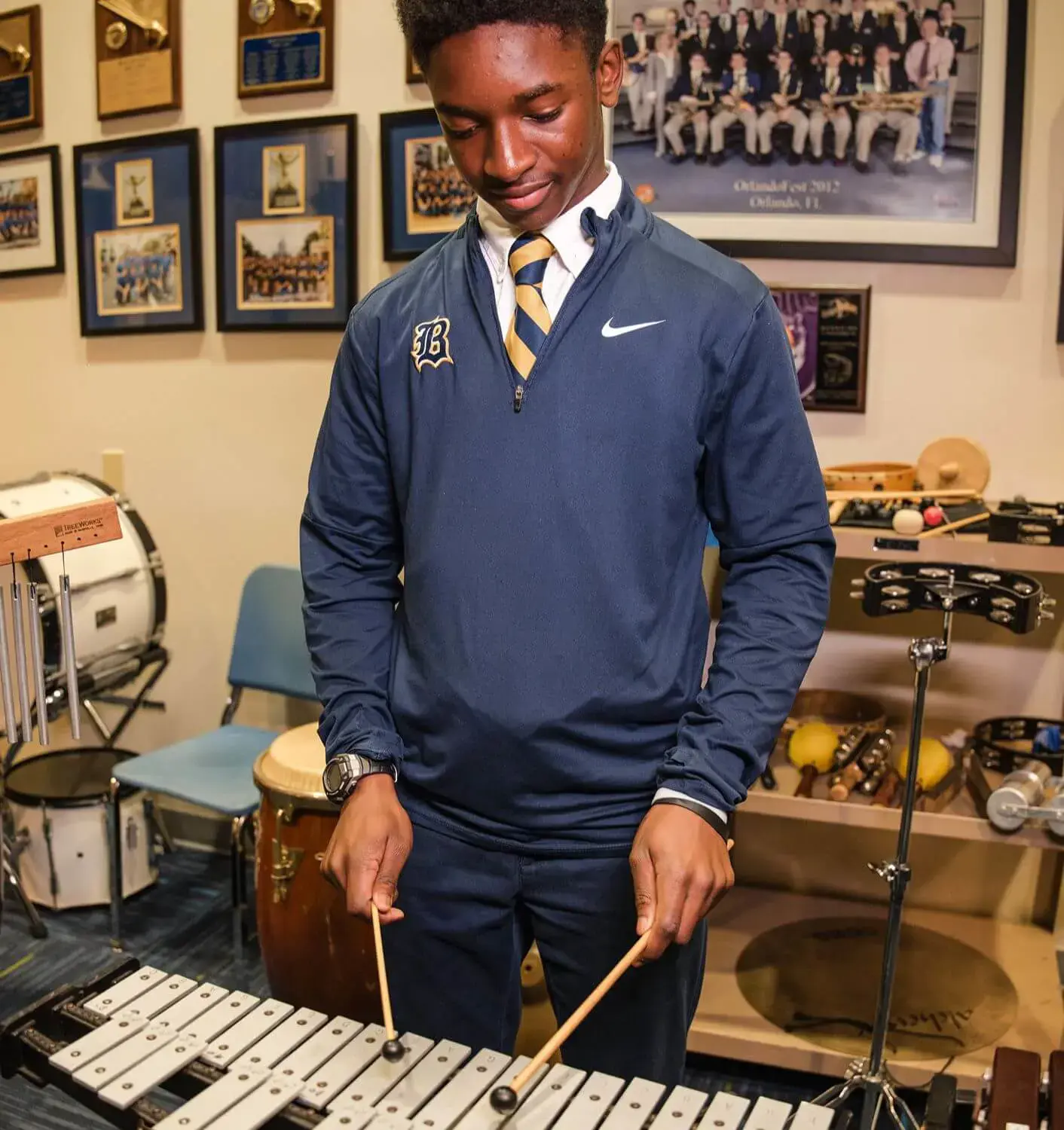 Belen Jesuit student Winston Eli Burris plays the xylophone during the Honors Jazz Band class.